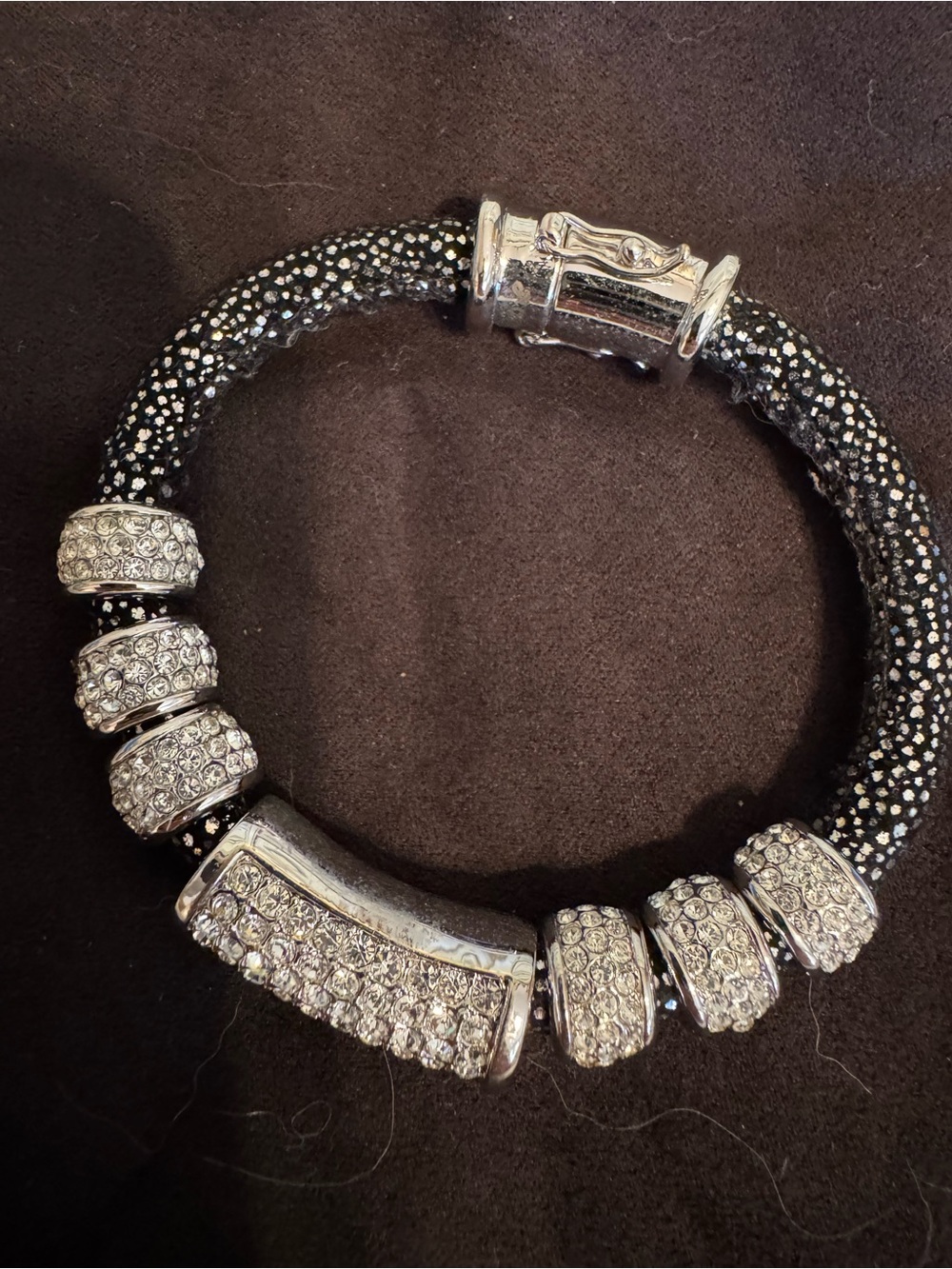 Joan Boyce Crystal Pave Black and Silver Cloth Bracelet
